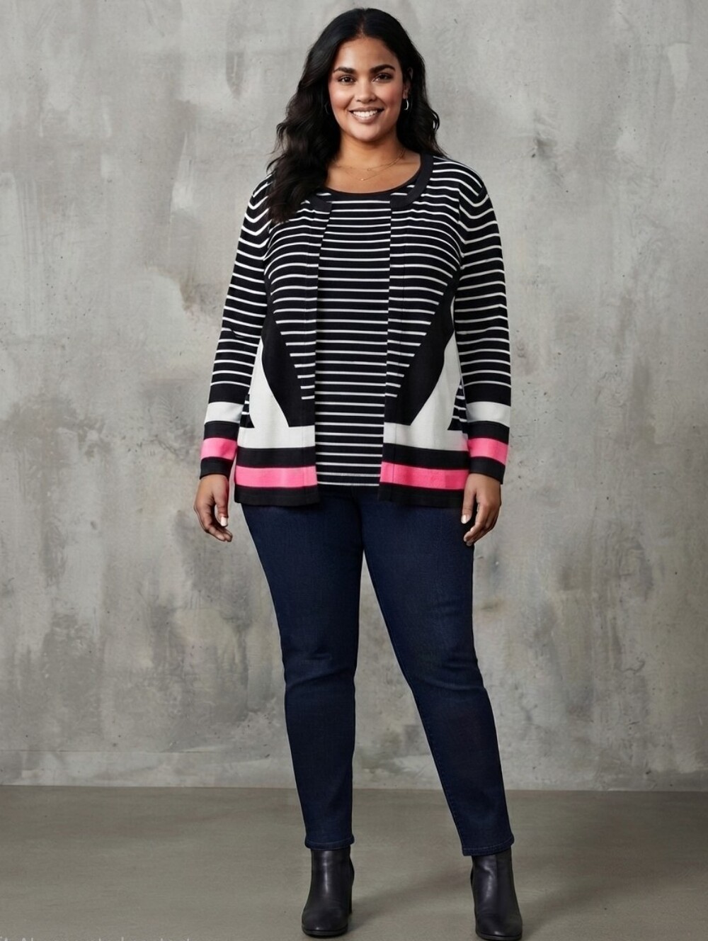 CJ Banks Striped Black White Pink Sweater Fooler Top 3X NWT